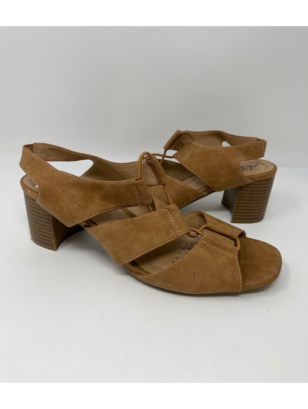 Abella Womens 9.5M Brown Faux Suede Open Toe Strappy Slingback Block Heel Sandal